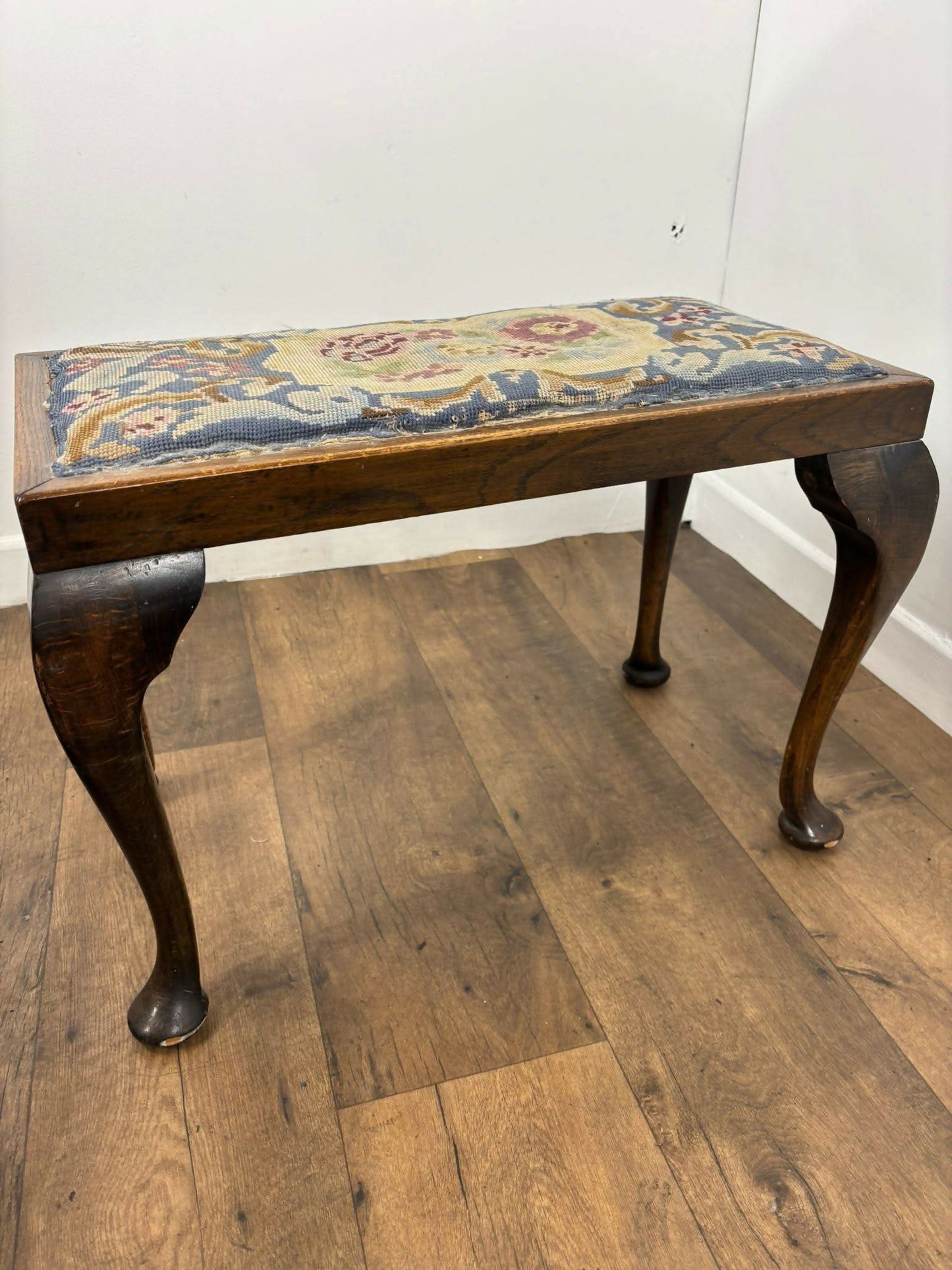 Vintage Oak Stool With Floral Tapestry Top