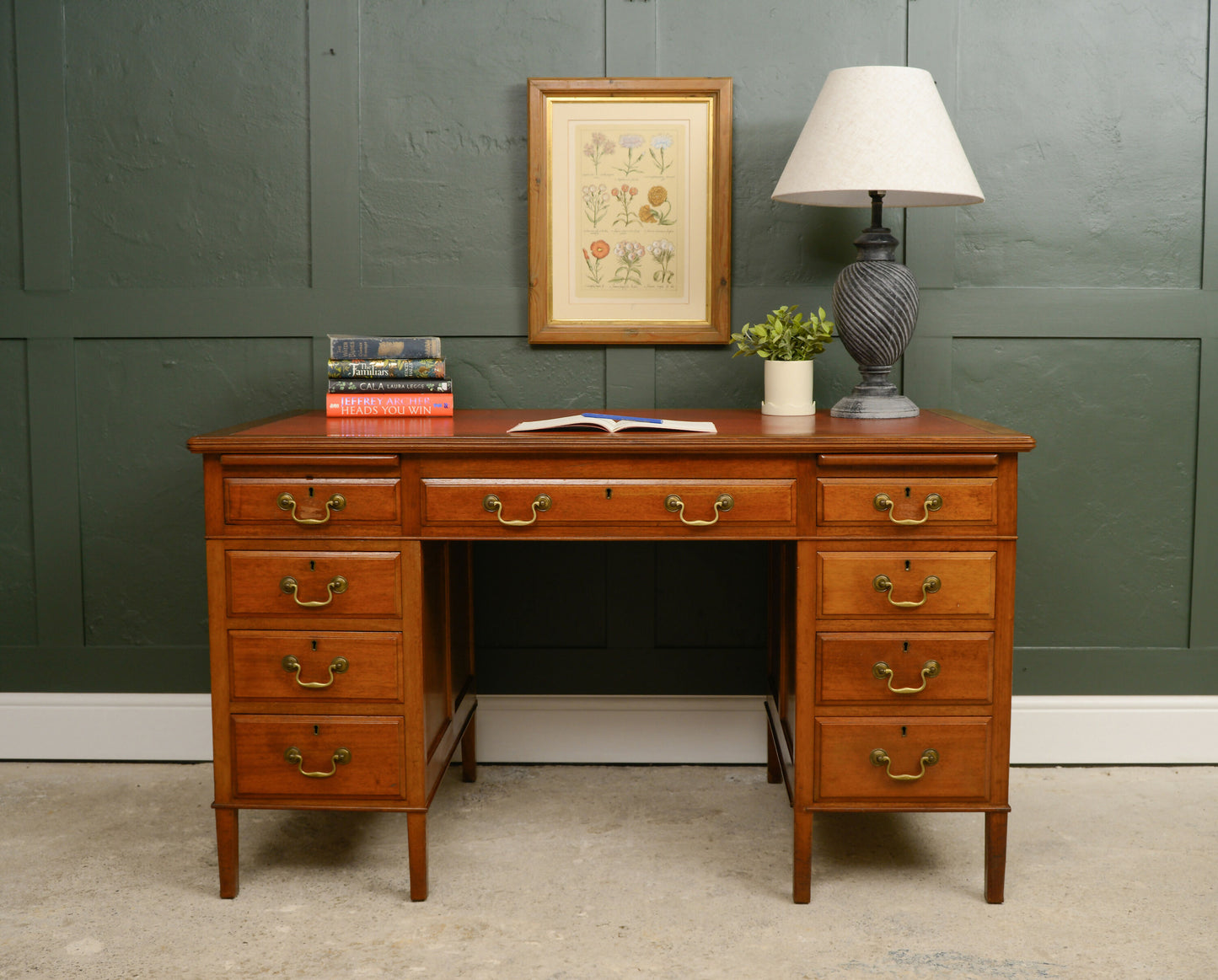 Art Deco Walnut Pedestal Desk with Red Leather Top - Cooke's of Finsbury