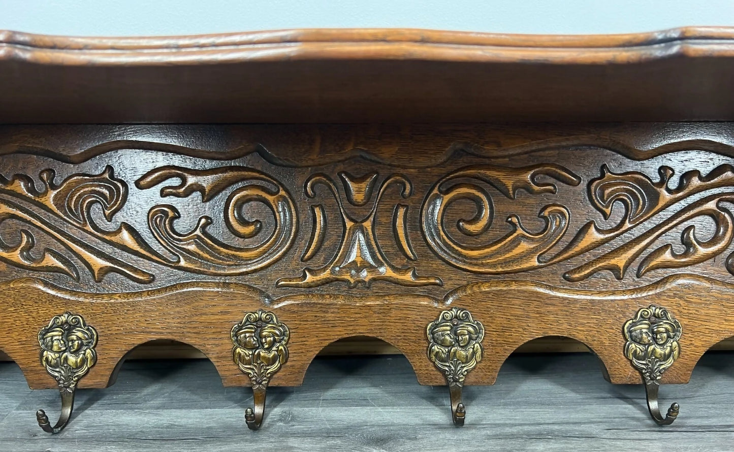 Coat Rack Antique French Style Oak Wall Shelf 6 Hooks Carved Hall Stand LOT 3511