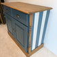 Vintage Solid Pine Blue Painted Sideboard, Hallway Cabinet with Stripe Detail and Floral Interior