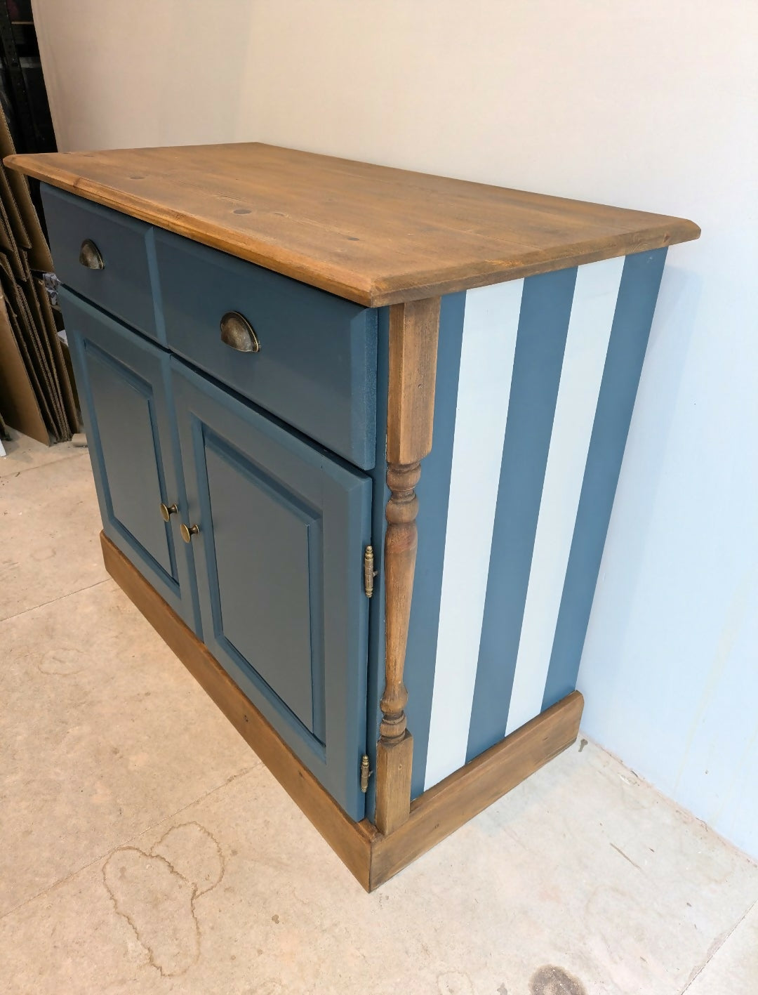 Vintage Solid Pine Blue Painted Sideboard, Hallway Cabinet with Stripe Detail and Floral Interior