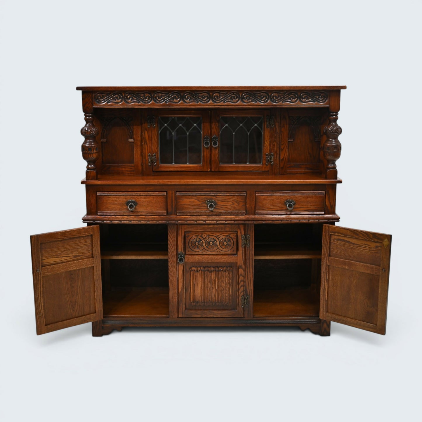 Old Charm Gothic Court Cupboard Buffett Sideboard Light Oak FREE UK Delivery.