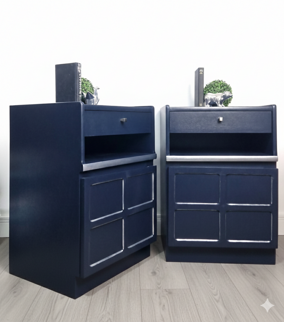 Nathan teak navy bedside tables