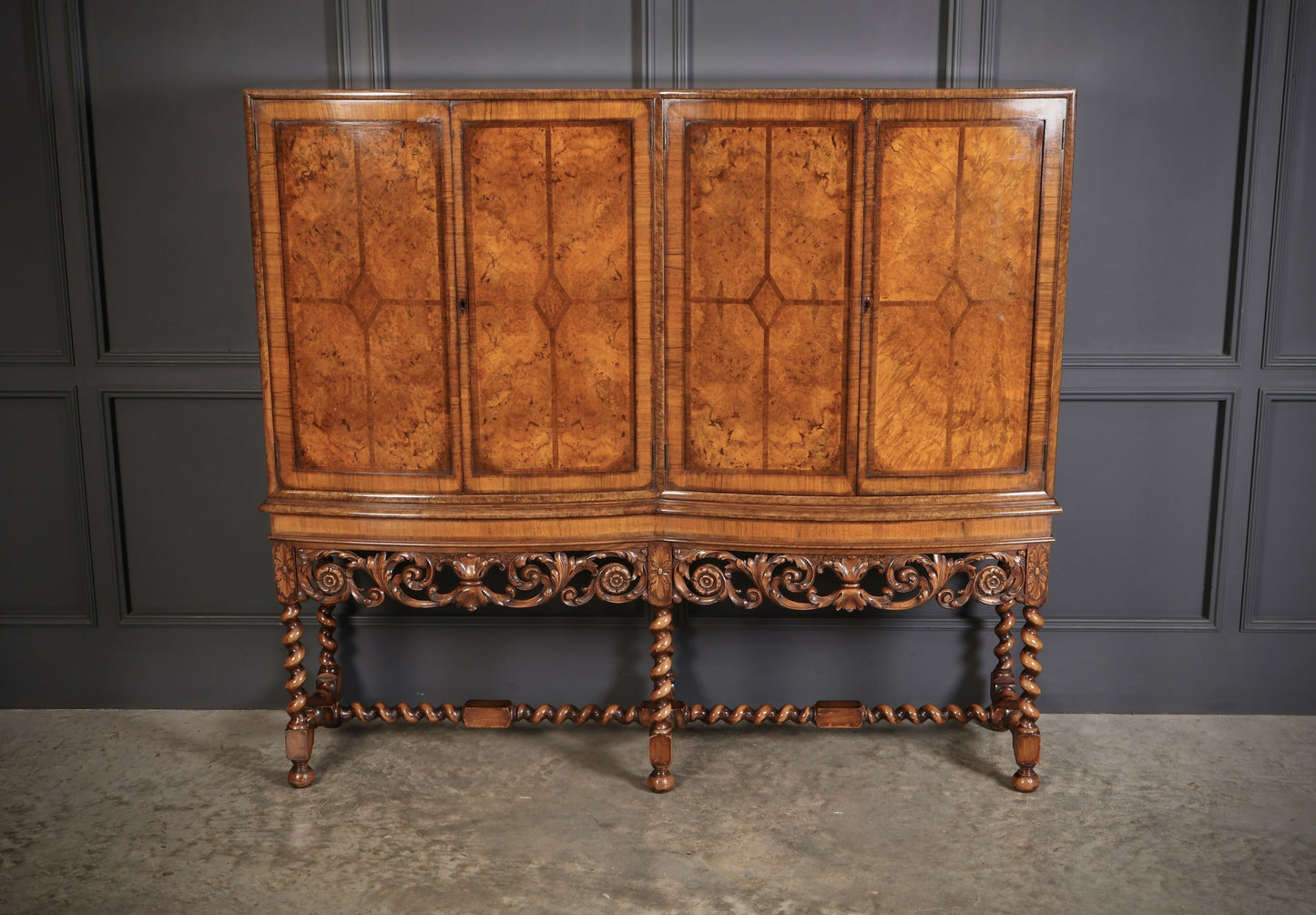 Double Bow Front Burr Walnut Drinks Cocktail Cabinet