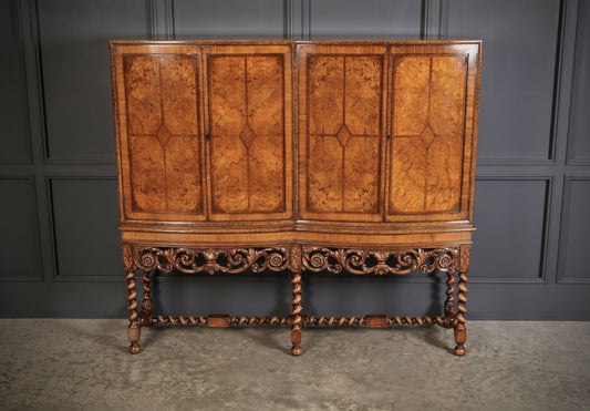 Double Bow Front Burr Walnut Drinks Cocktail Cabinet