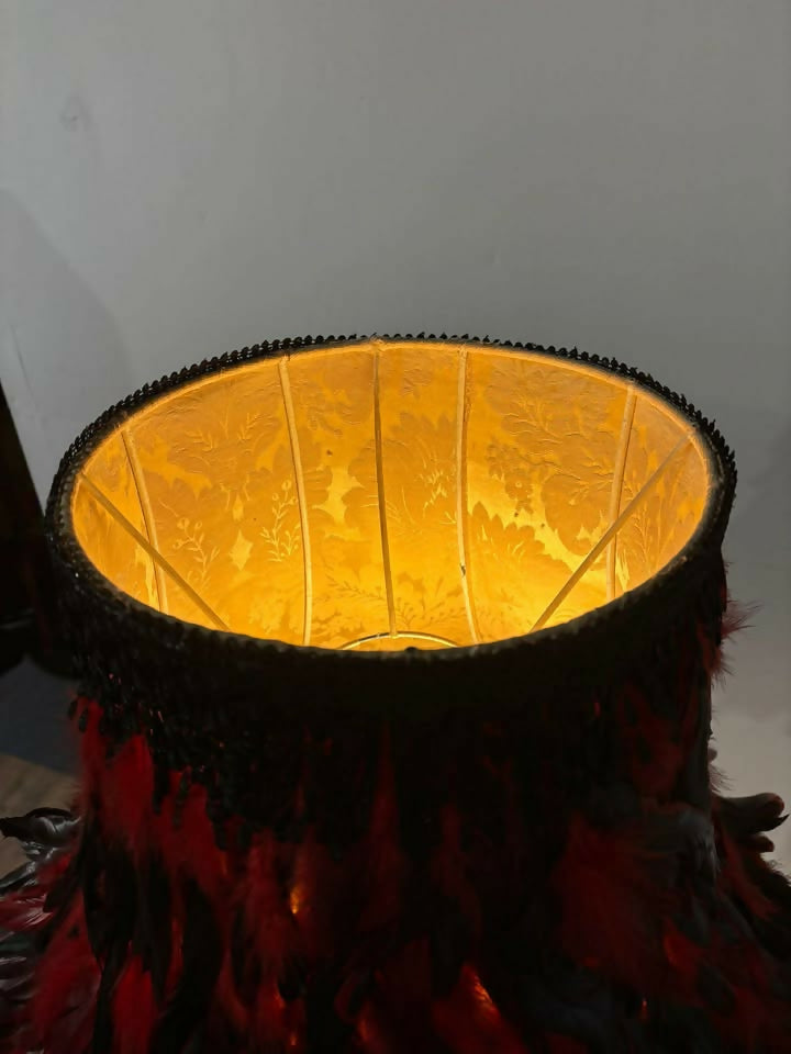 Vintage Carved Standard Lamp with Handmade Feather Shade