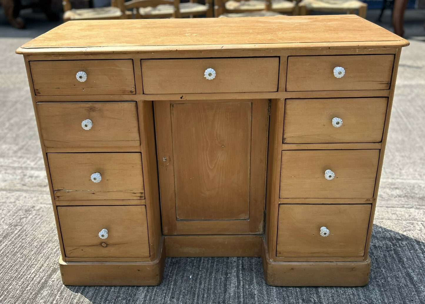 Antique Victorian Pine Kneehole Writing Office Desk With Central Cupboard