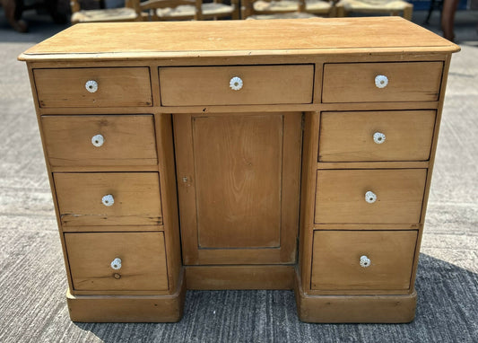 Antique Victorian Pine Kneehole Writing Office Desk With Central Cupboard