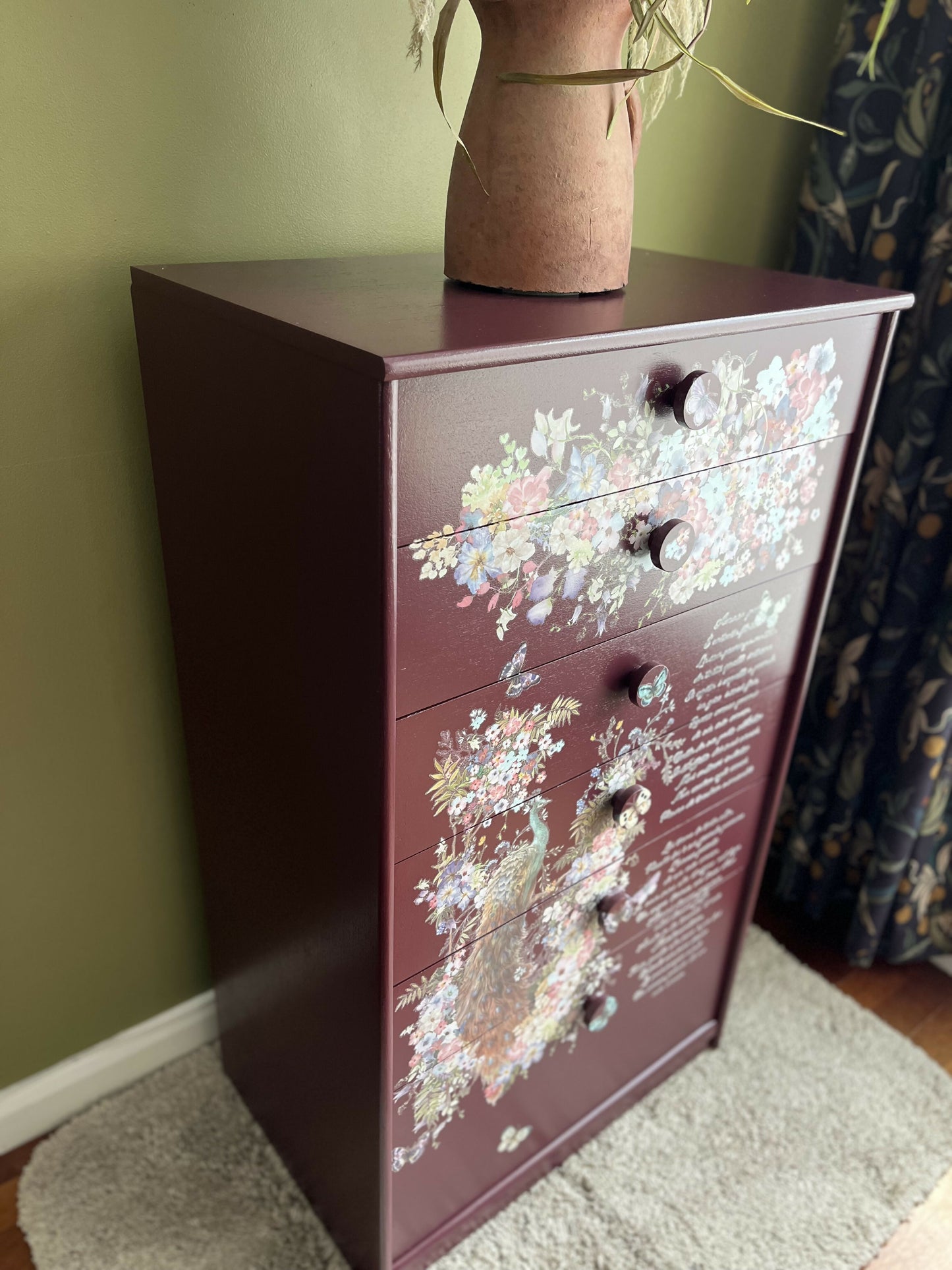 Floral Peacock Maroon chest of drawers