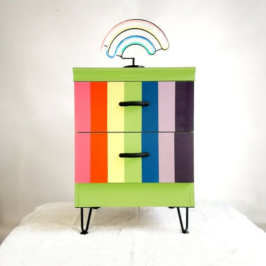 Multi Coloured Spectrum design two drawer chest with hairpin legs