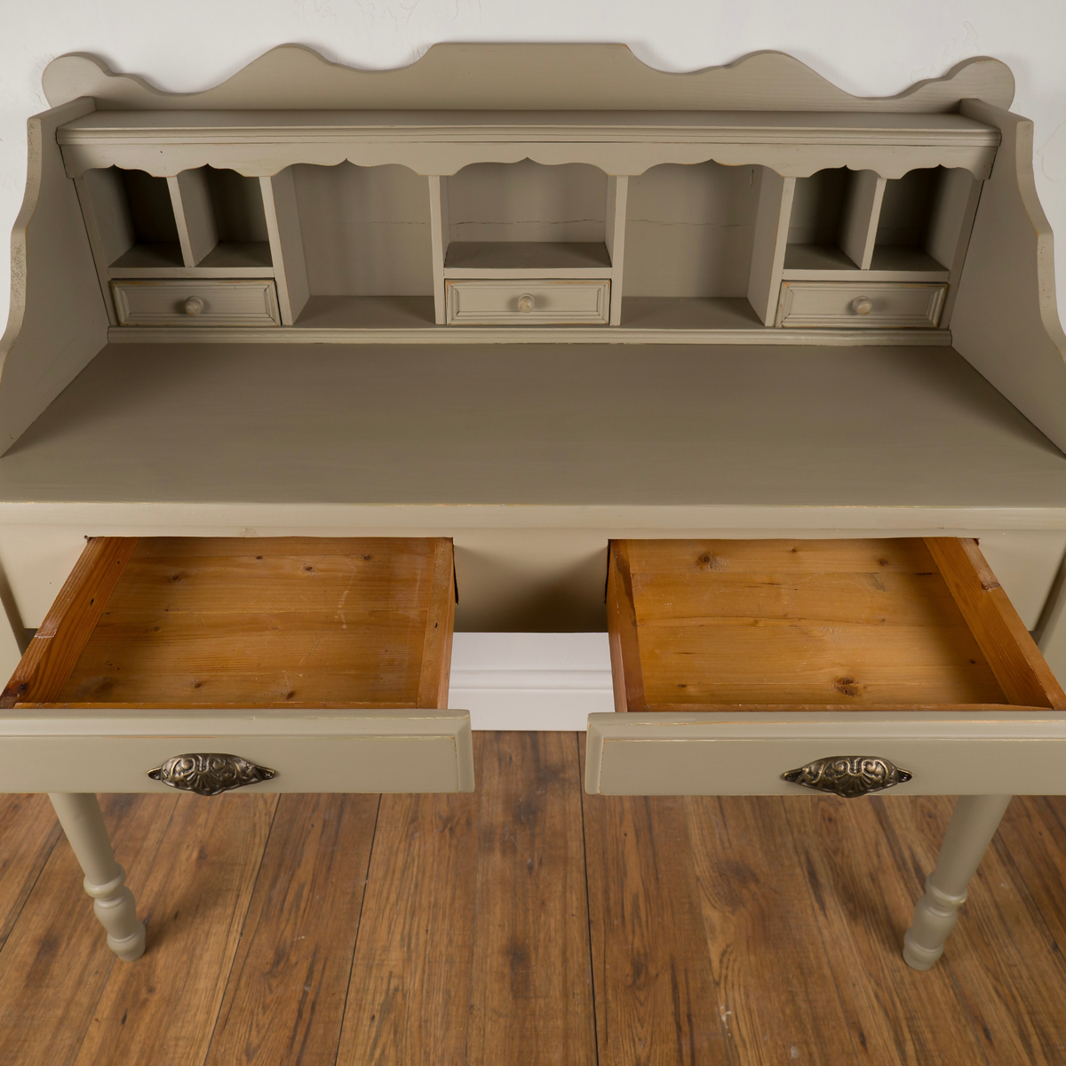 Upcycled French Country Writing Desk, Dried Sage Finish, Pigeonhole Storage