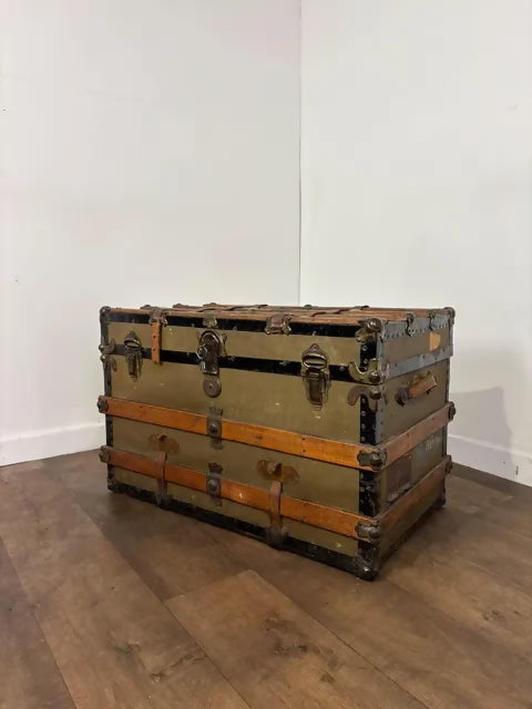 Victorian Oak Bound Travellers Trunk – Steamer Trunk with Original Travel Labels