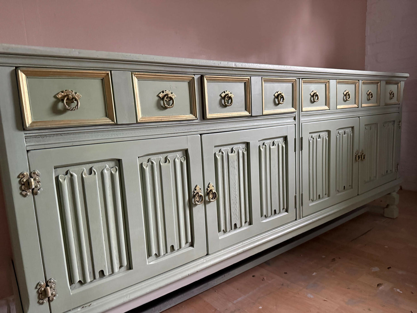 Sage Green Upcycled Sideboard, Gold Accents, Sustainable Decor