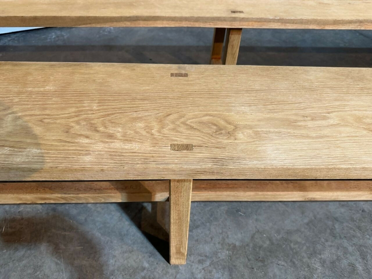 Very Long Pair Bleached Oak Dining Benches