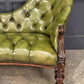 Vintage Victorian Green Buttoned Leather Double Spoon Back Sofa