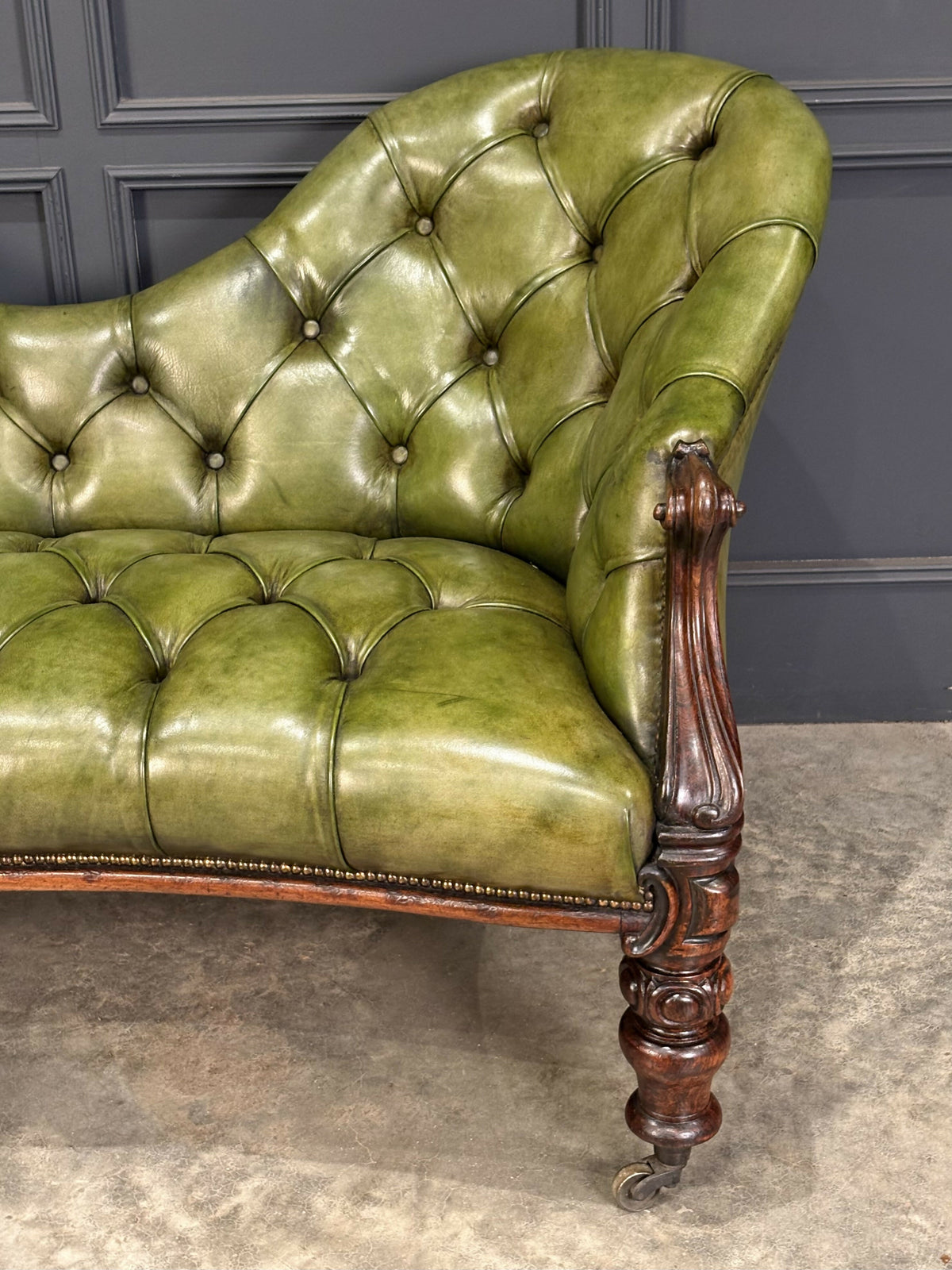 Vintage Victorian Green Buttoned Leather Double Spoon Back Sofa