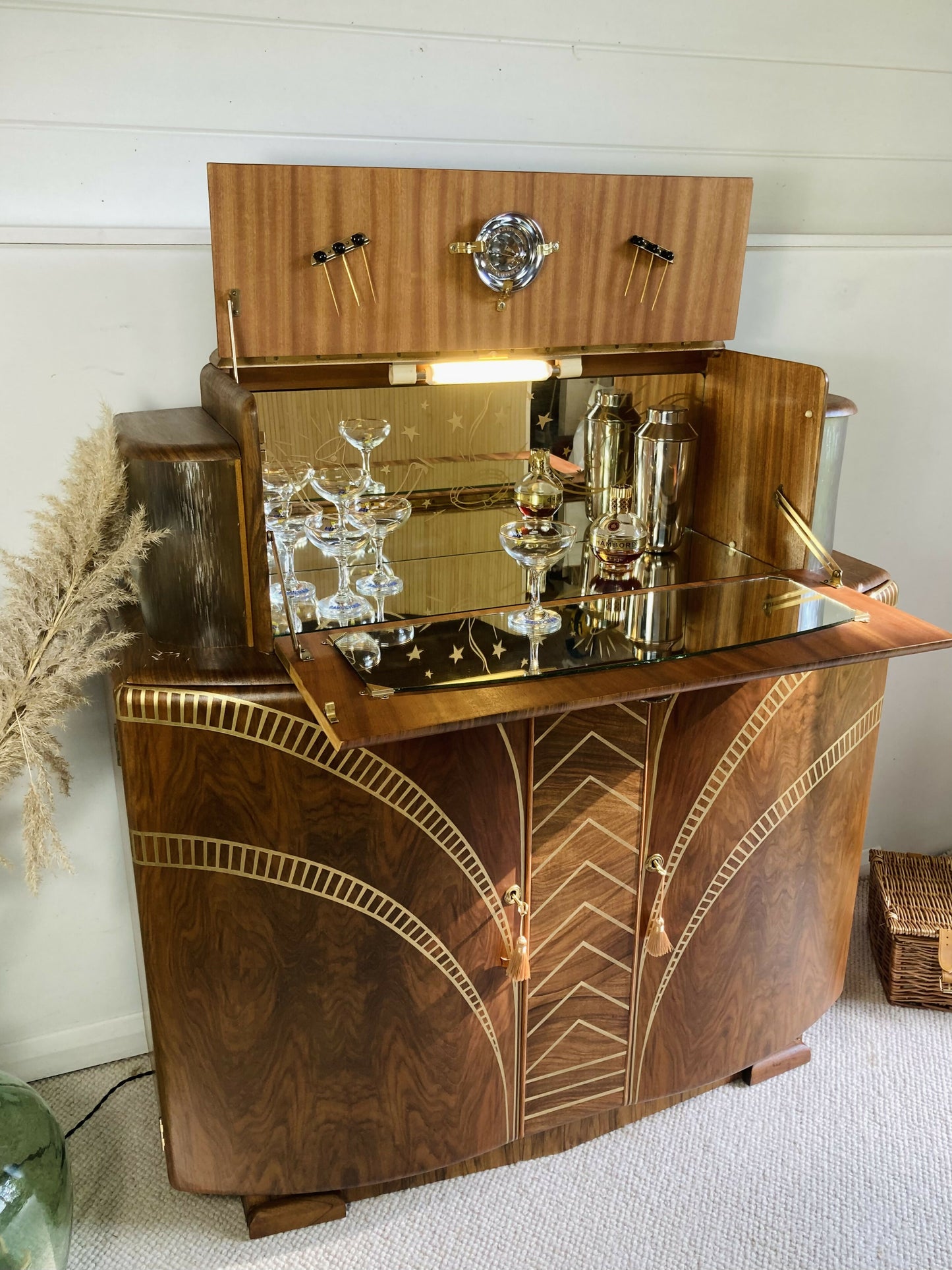 Large Art Deco Walnut Cocktail Cabinet with Design