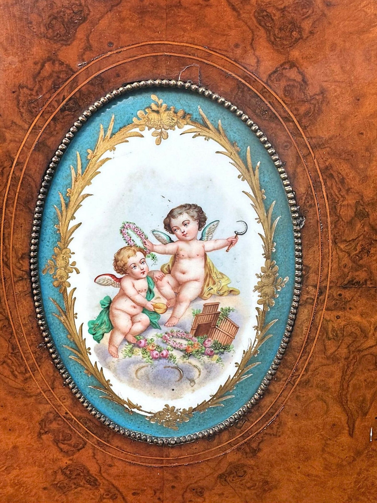 Victorian Inlaid Walnut Credenza Featuring Sevres Style Plaques