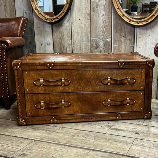 Handmade Vintage Coffee Table, Rustic Drawer Chest, Bridle Leather, English Steamer Style, Solid Hardwood