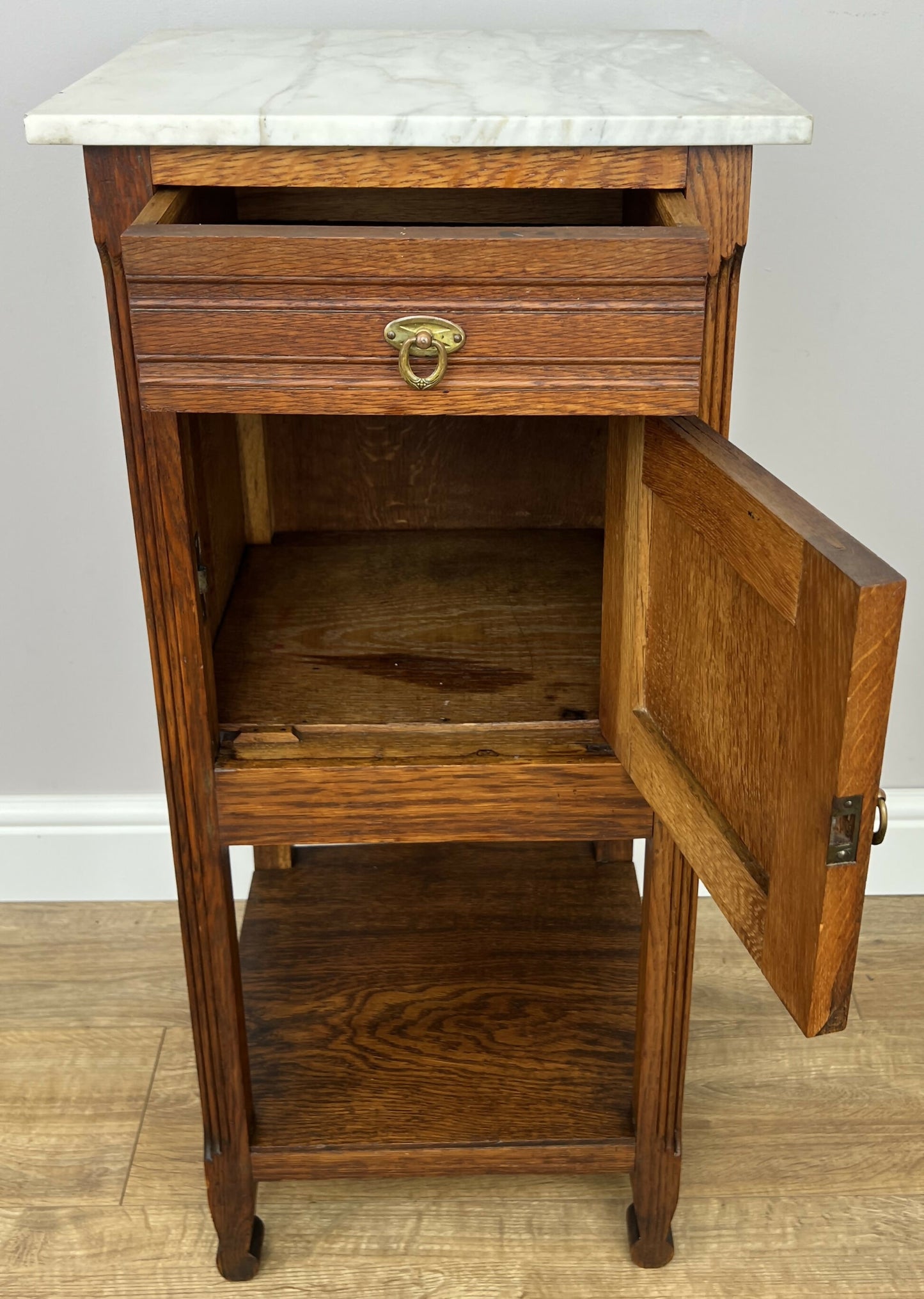 Bedside Table Antique French Style Marble Top Oak Cabinet Nightstand LOT 6244