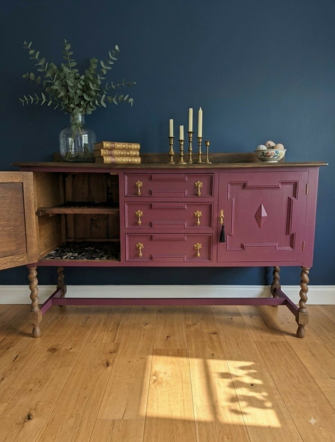 Refinished Jacobean Revival Solid Oak Sideboard, Burgundy Red Painted Buffet, Winchester Fusion Mineral Paint