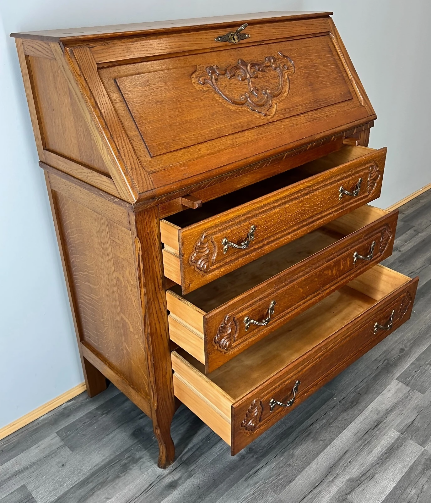 Secretaire Writing Desk Vintage French Oak Bureau Carved Cabinet LOT 3755
