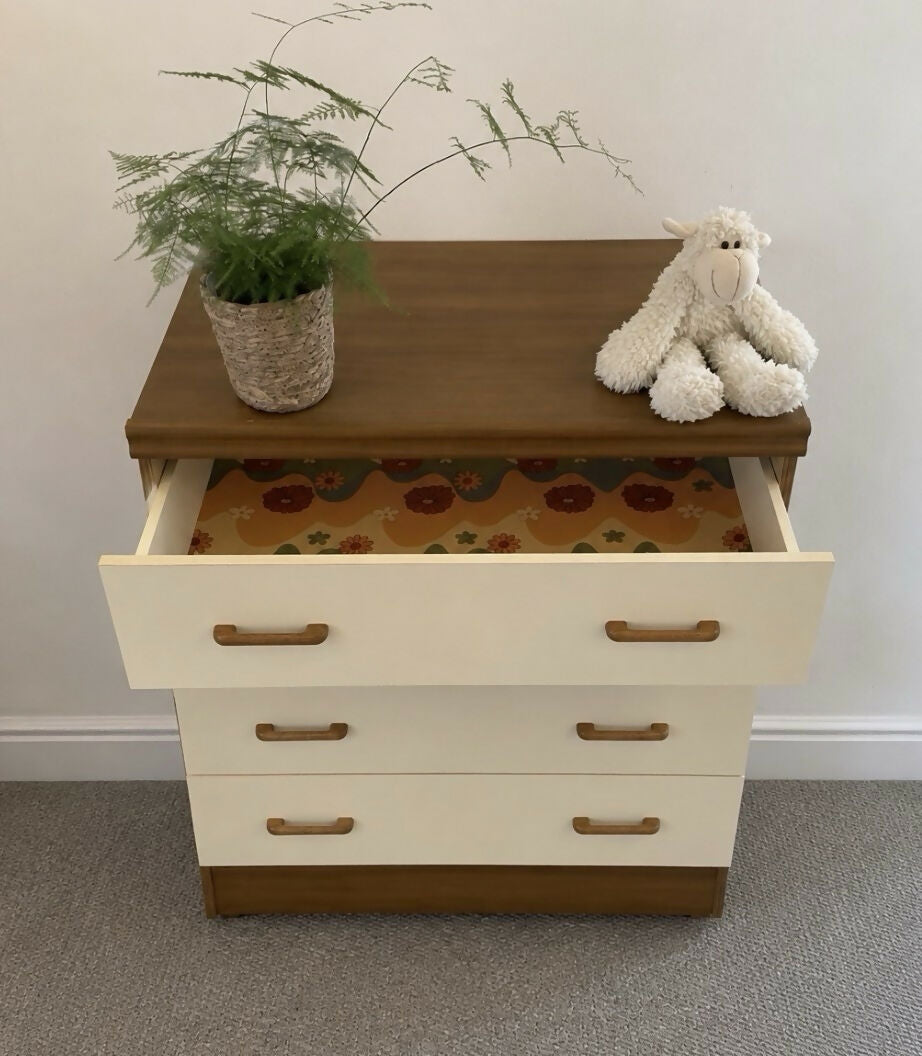 Vintage Teak Cream Bedroom Tallboy Chest Mid Century Drawers Nursery Storage
