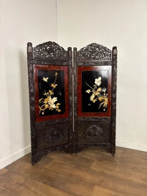 Heavily Carved Vintage Oriental Two Fold Screen