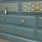 Large Chest Of Drawers Painted Bespoke Stencilled Upcycled Blue Gold Geometric
