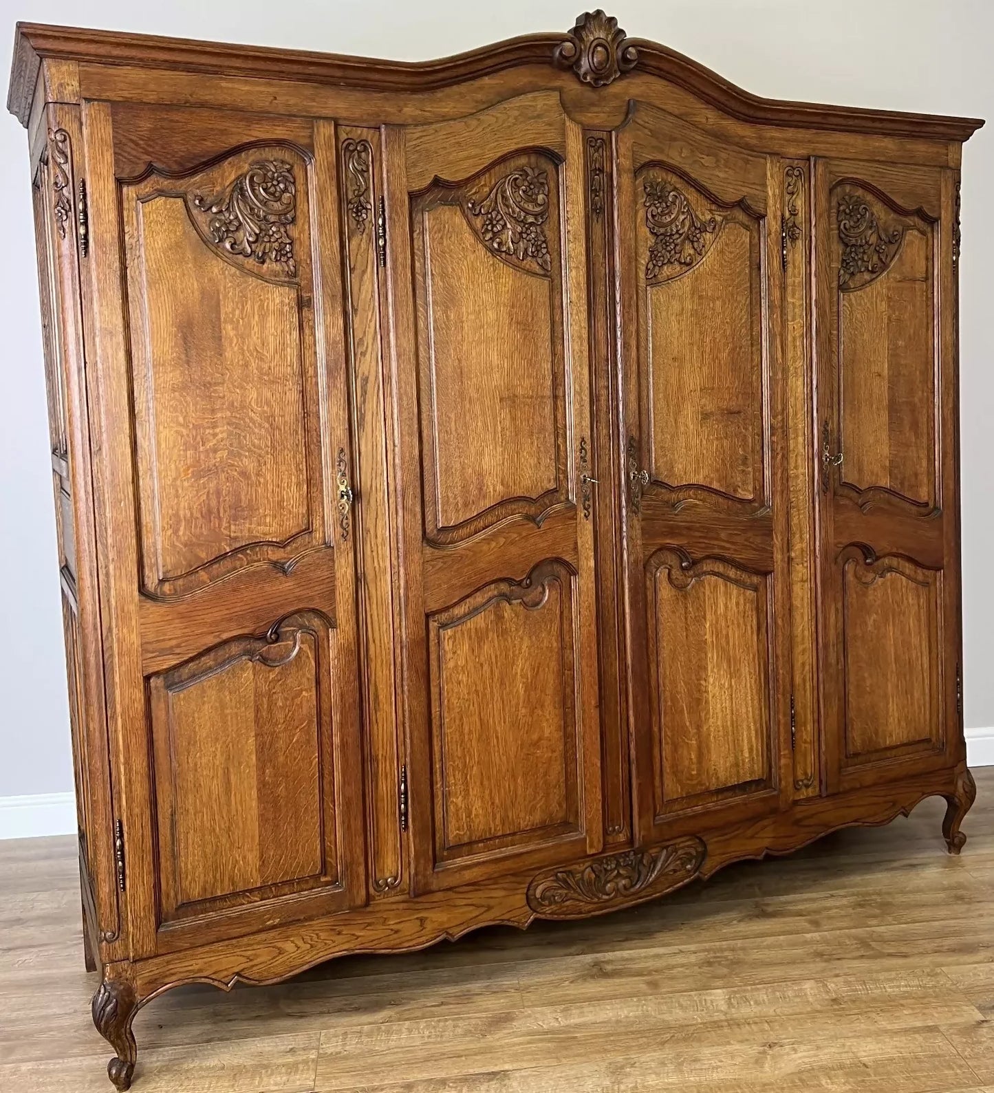 Wardrobe Vintage French Louis XVI Style Oak Four Door Mirrored Armoire LOT 4901