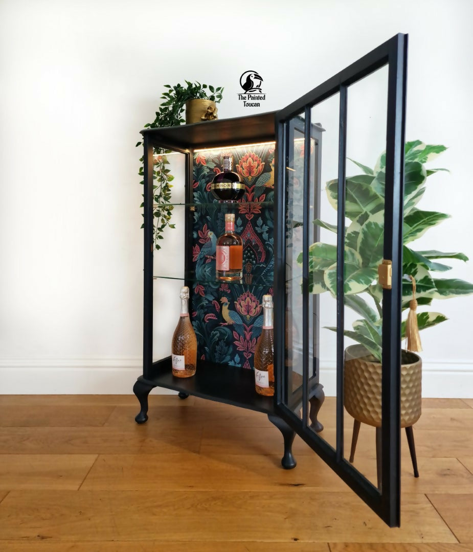 Upcycled Vintage Drinks Cabinet | Painted Dark Navy Tropical Decoupage Glazed Home Bar | Cocktail Cabinet