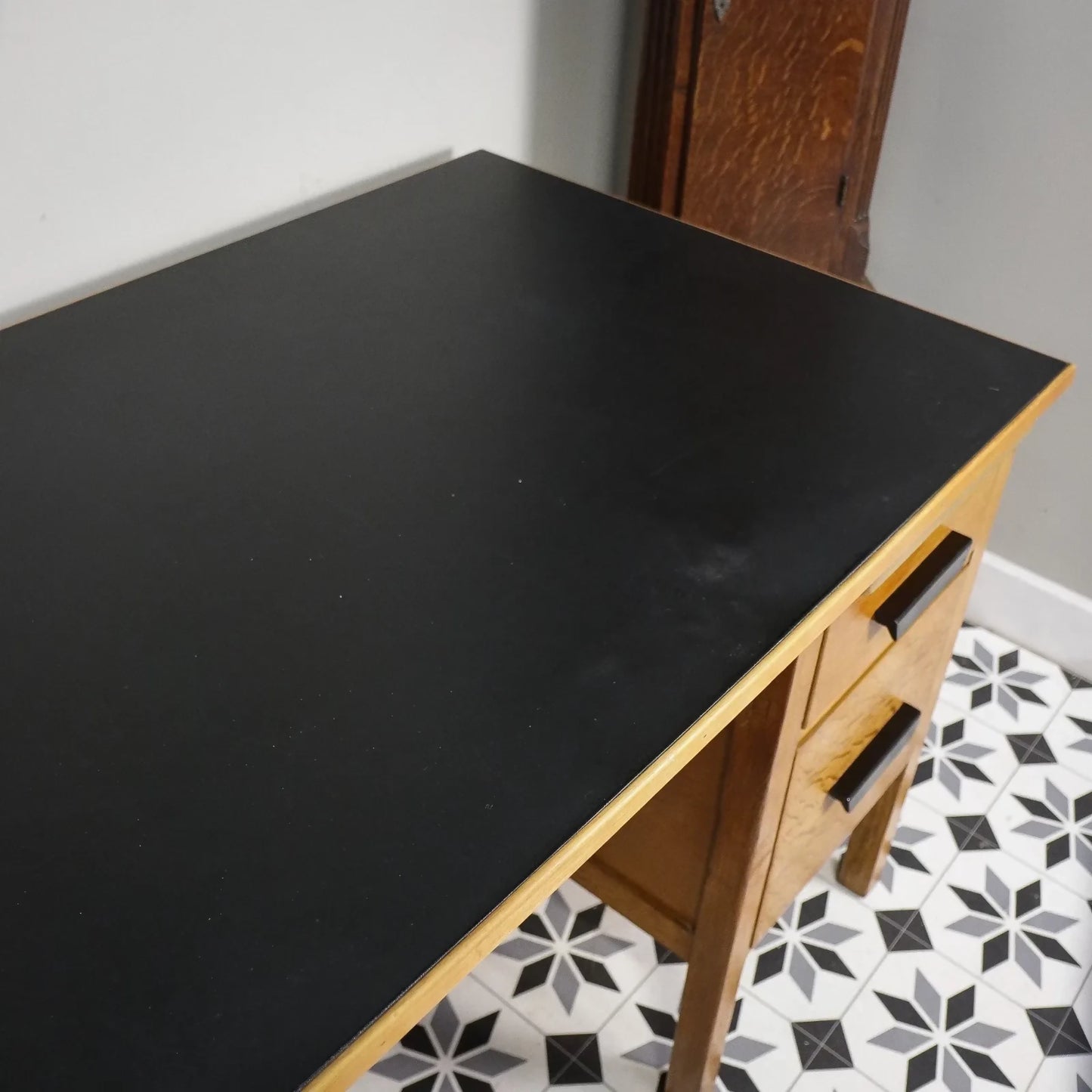 Vintage Oak Faced Mid Century Twin Pedestal Desk with Black Leatherette Top
