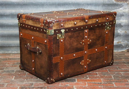 Vintage Inspired English Leather Steamer Trunk Interior Coffee Table End Table