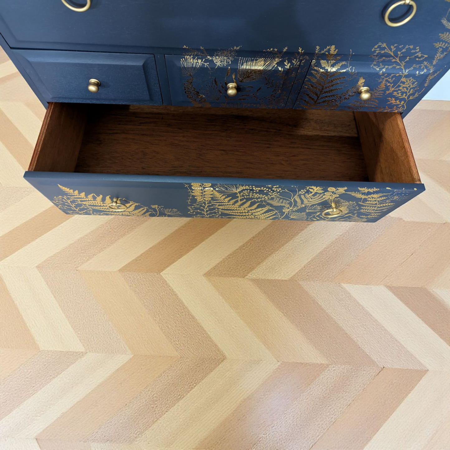 Vintage Stag minstrel 7 drawers tallboy, navy blue chest of drawers mid century modern dresser