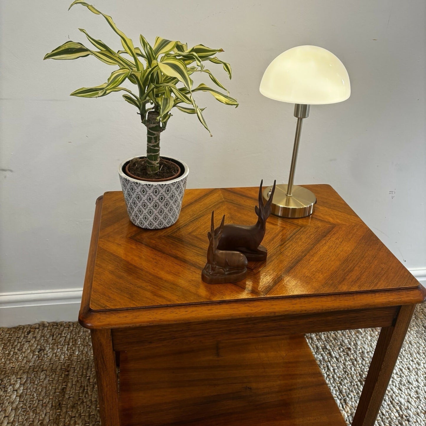 Mid Century Chevron Side Table Teak Veneer Geometric Top Vintage 1960s Lamp VGC