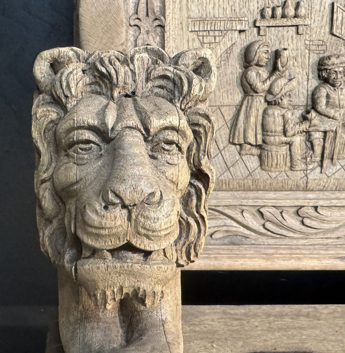 French Carved Oak Tavern Scene Bench