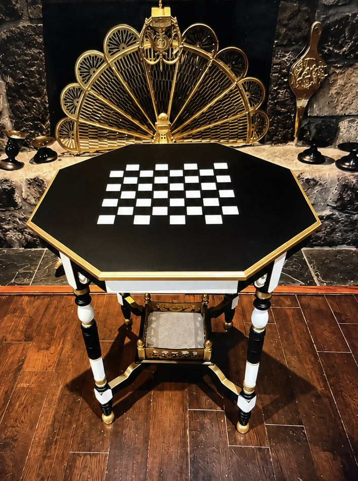 Vintage Chess & Games Table Monochrome Black, White & Gold Statement Side Table