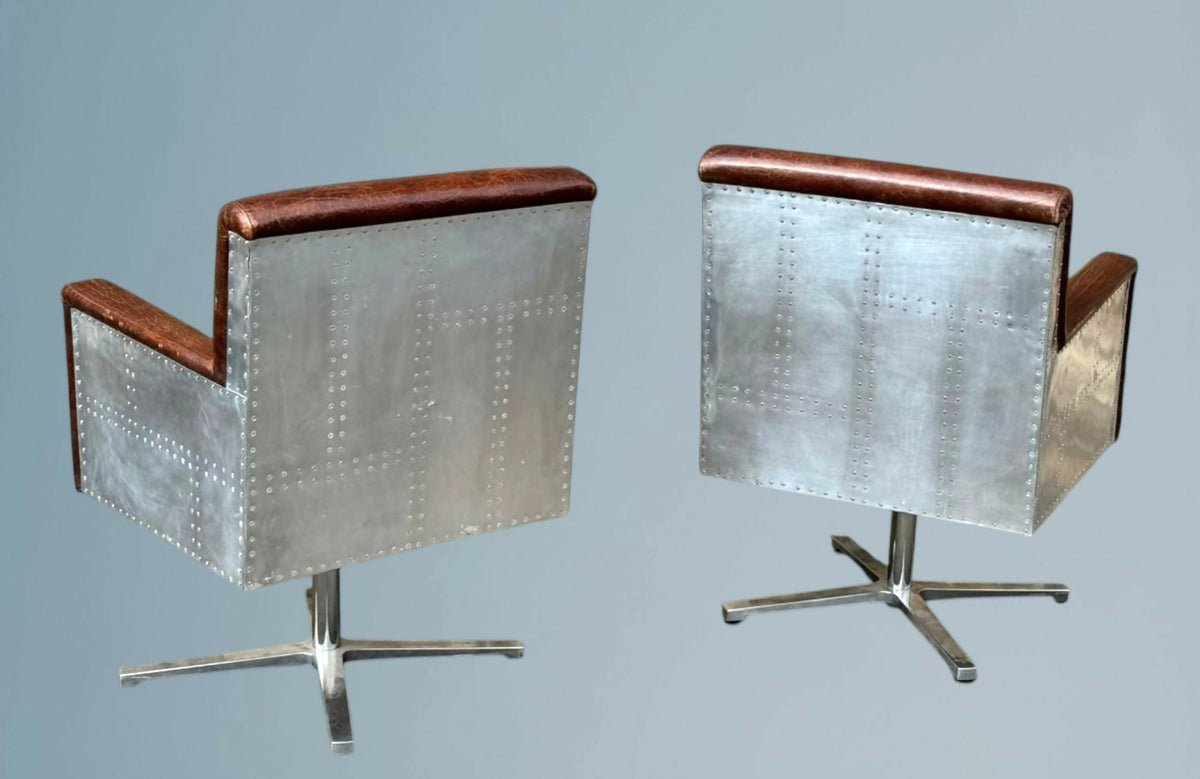 Two Hand Dyed Brown Leather Aviators Swivel Captains Chairs