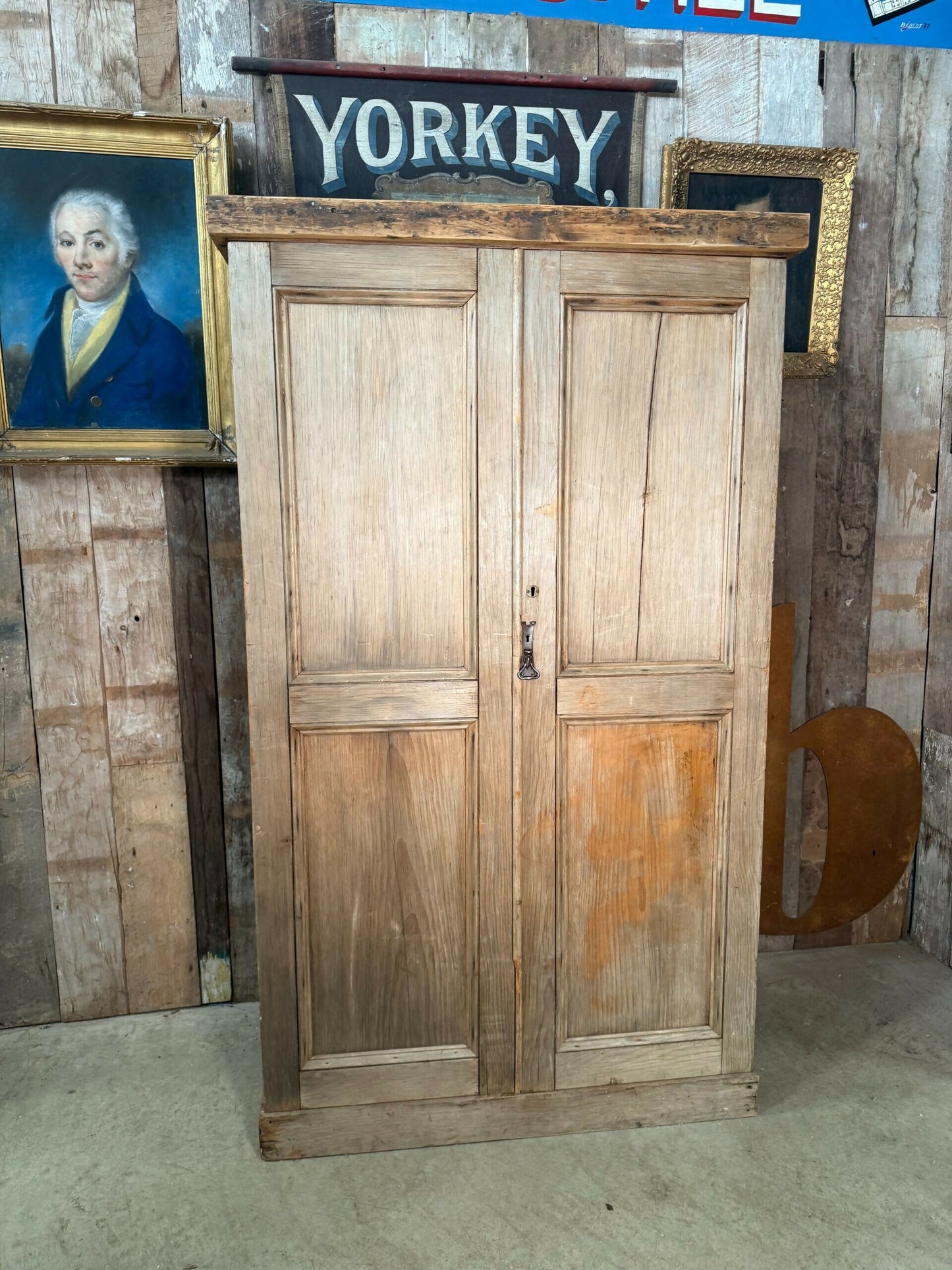 Antique Early Victorian Pine Narrow Hall Housekeeper Cloak Storage Cupboard, c 1830