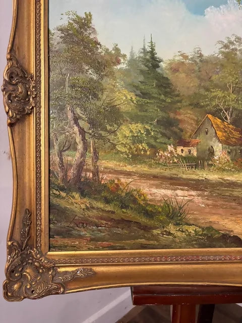 Large Signed Oil on Canvas – Woodland Cottage Landscape in Ornate Gilt Frame