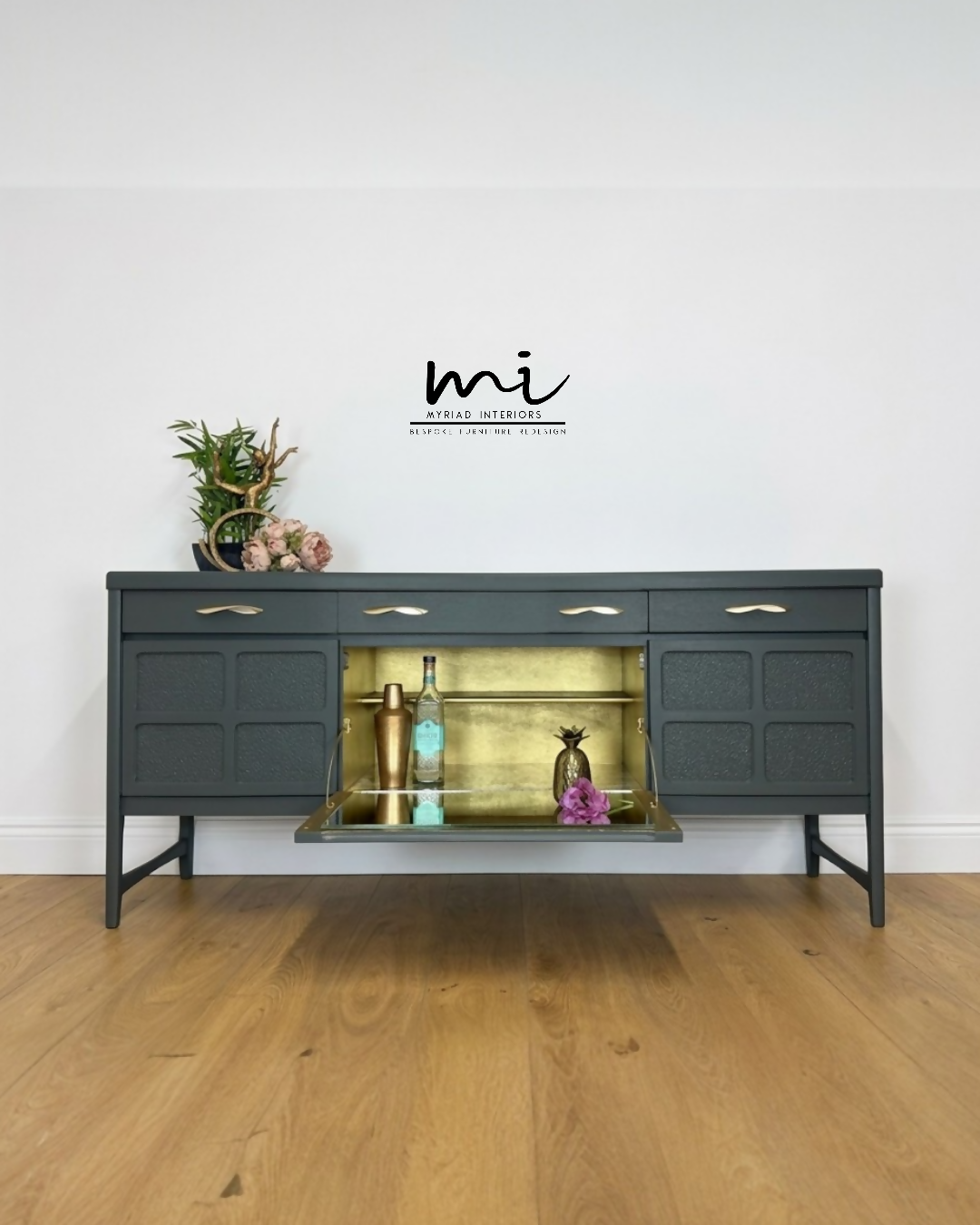 PAINTED TO ORDER Refinished Vintage Large Nathan Sideboard Drinks Cabinet In Deep Dusky Olive Green