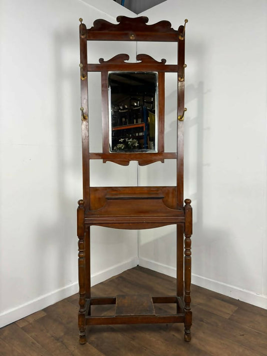Vintage Oak Hall Coat Stand with Mirror & Storage