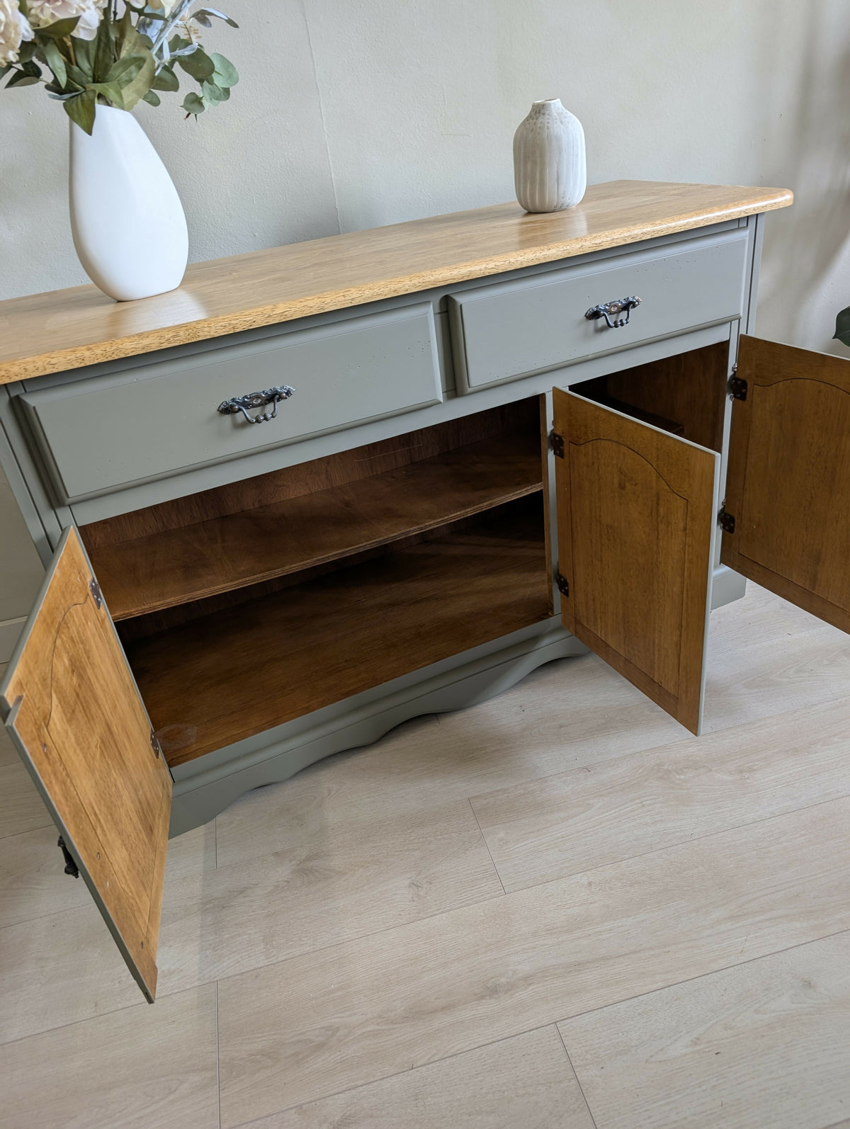 Vintage Oak Sideboard | Olive Green Painted Sideboard with Natural Oak Top