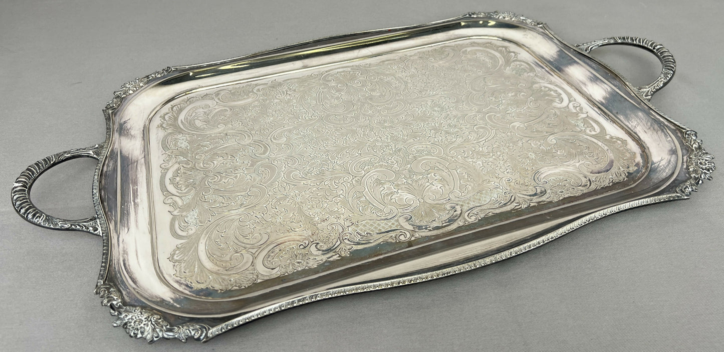 Serving Tray Vintage Metal Ornate Engraved Twin Handle English Tray LOT 6444