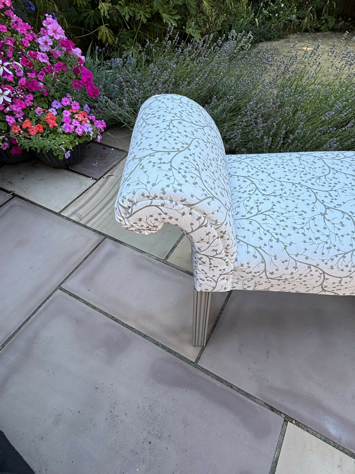 Window Seat, Scroll Armed Bench, Upholstered Cream Willow Fabric Hallway Chair
