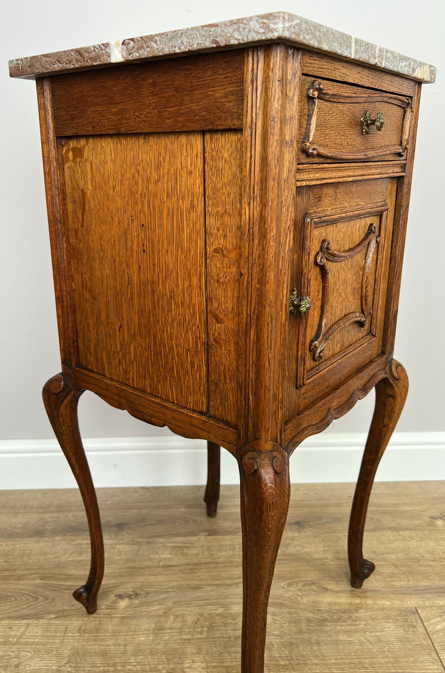 Bedside Table Antique French Marble Top Oak Cabinet Carved Cupboard LOT 6394
