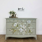 Refinished Stag Minstrel 4 over 2 chest of drawers in eucalyptus green with pretty floral design, dresser, dressing table pale sage, vintage