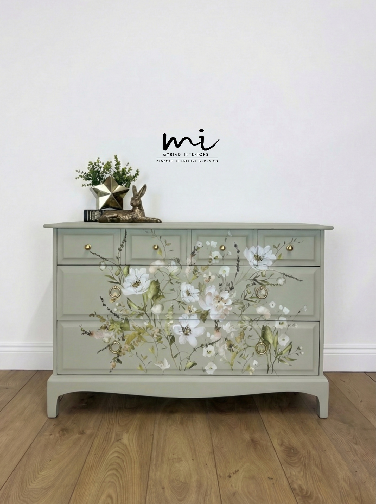 Refinished Stag Minstrel 4 over 2 chest of drawers in eucalyptus green with pretty floral design, dresser, dressing table pale sage, vintage
