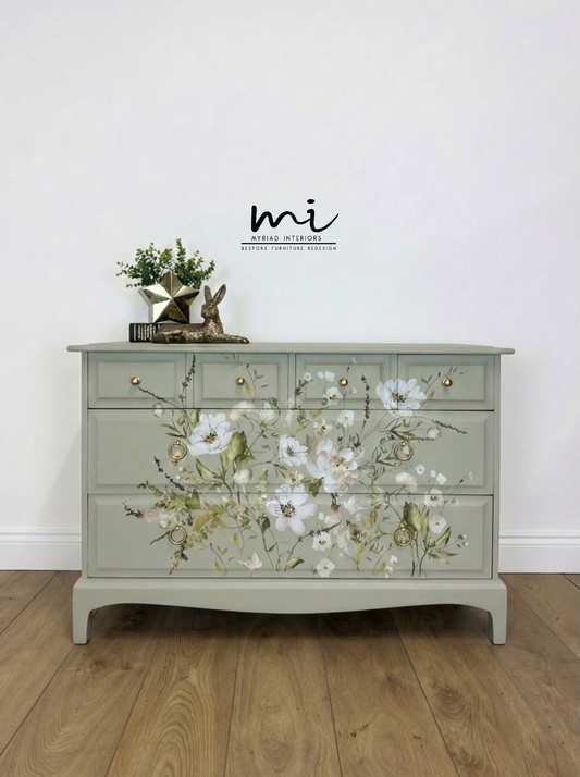 Refinished Stag Minstrel 4 over 2 chest of drawers in eucalyptus green with pretty floral design, dresser, dressing table pale sage, vintage