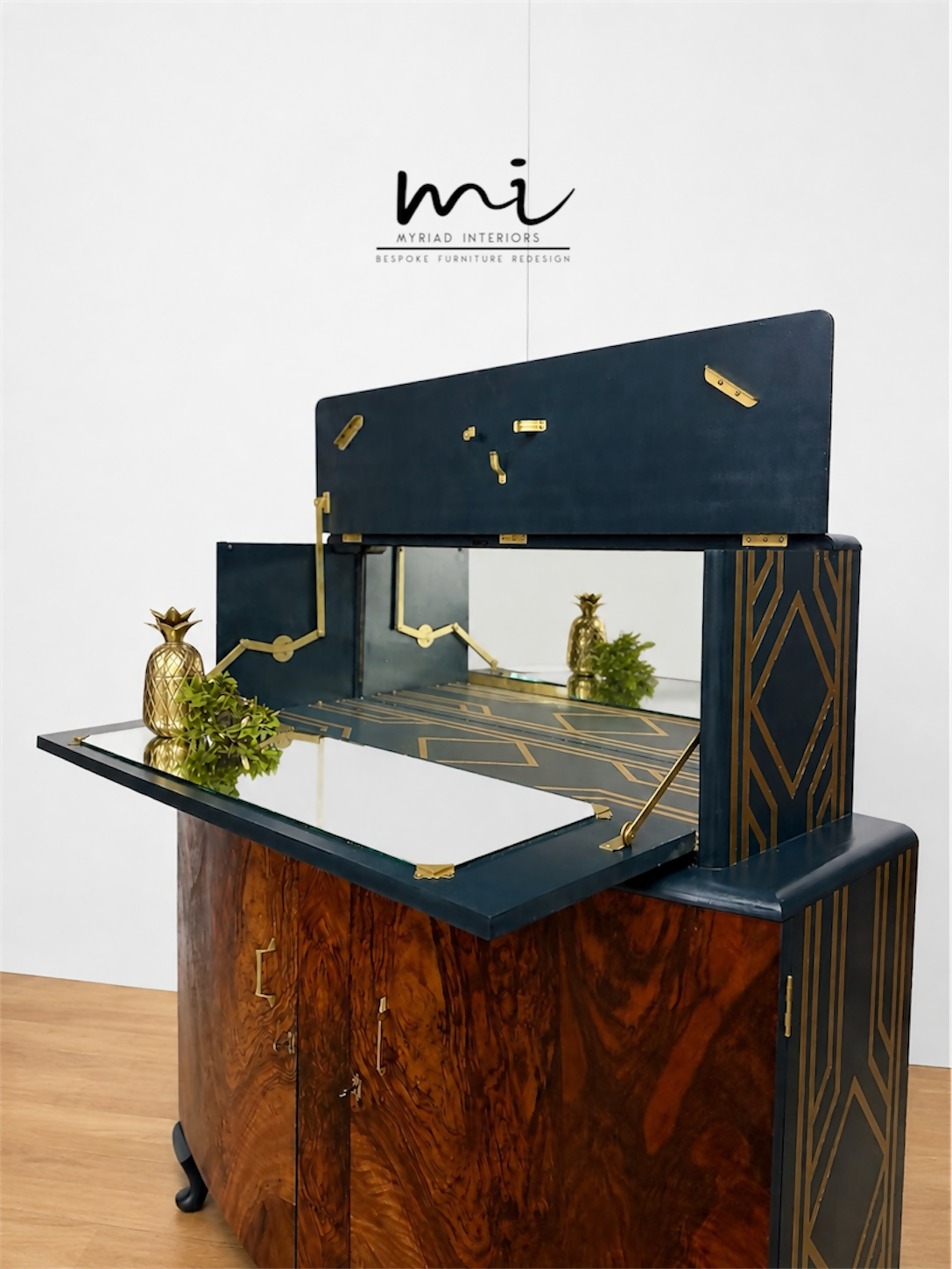 Navy Blue and Gold Art Deco Walnut Drinks Cabinet, cocktail cabinet, 1930s, vintage bar, sideboard, refurbished